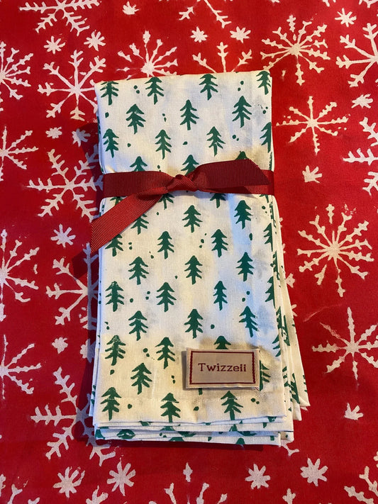 Block Print Napkins - Ivory & Green Fir Trees